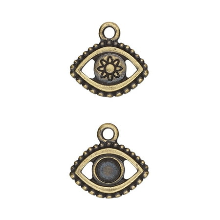 

Charm TierraCast Happy Go Lucky collection antique brass-plated pewter (tin-based alloy) 16x11mm two-sided evil eye with SS20 flat back glue-in setting. Sold per pkg of 2.