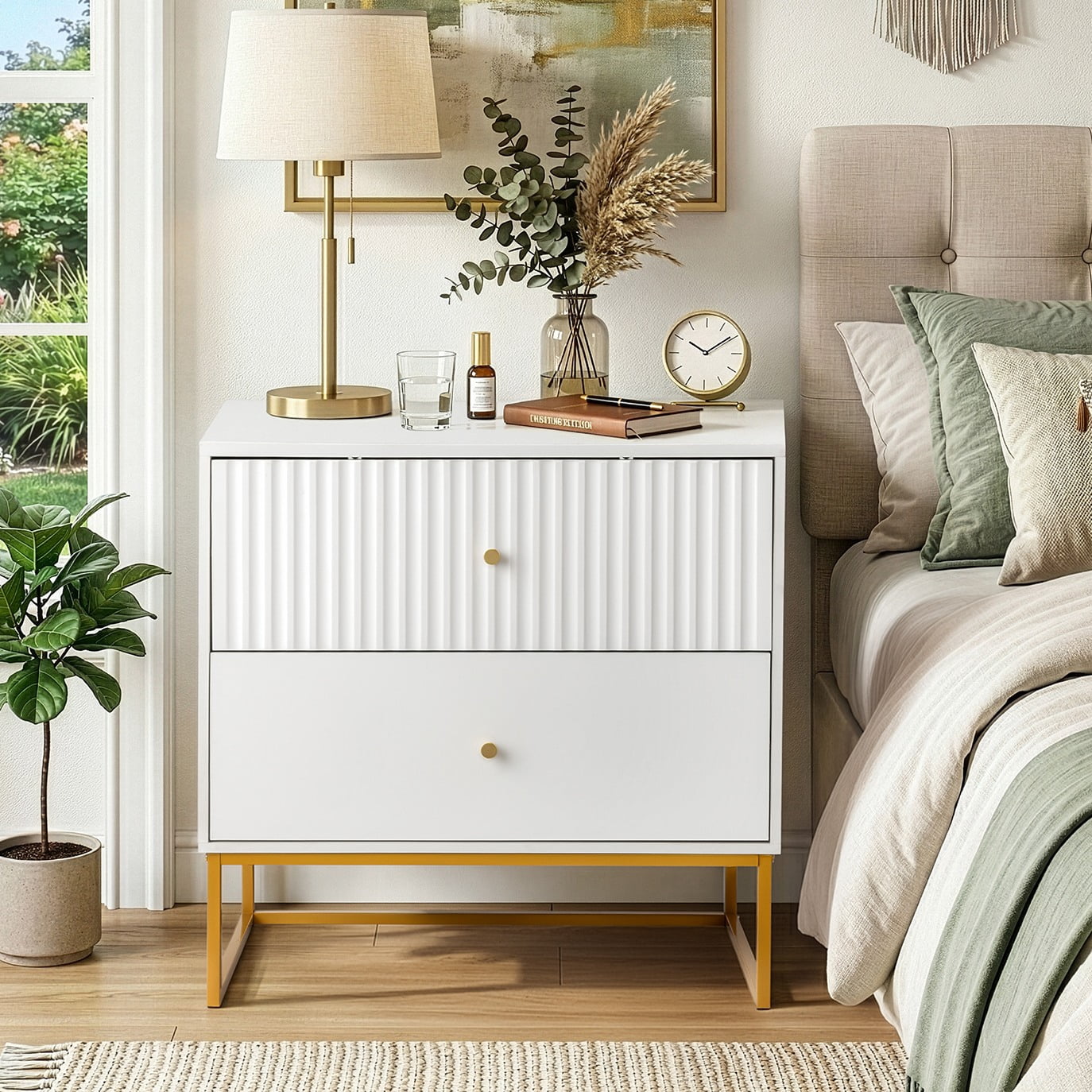 Ktaxon Solid Wood Nightstand with 2 Drawer  Modern Side End Table, for Bedroom, White Nightstand