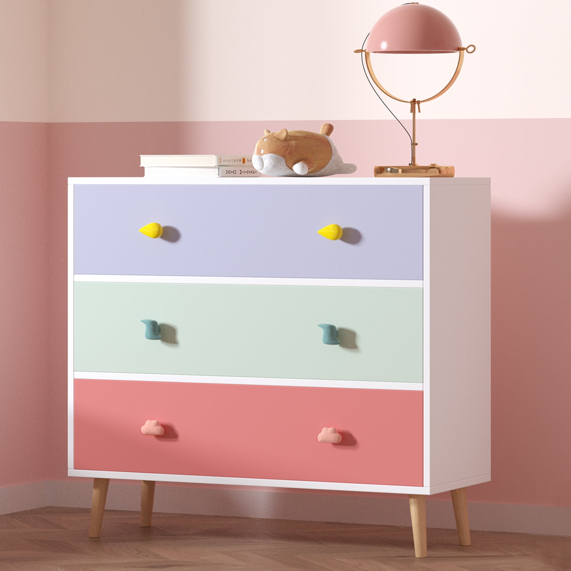 Kids Dresser with 3 Drawer for Bedroom, Wooden Dresser Chest and Toy Storage Cabinet, Bedside Night Stand for Toddlers Kids Living Room, Small Chests of Drawers for Children, Colorful