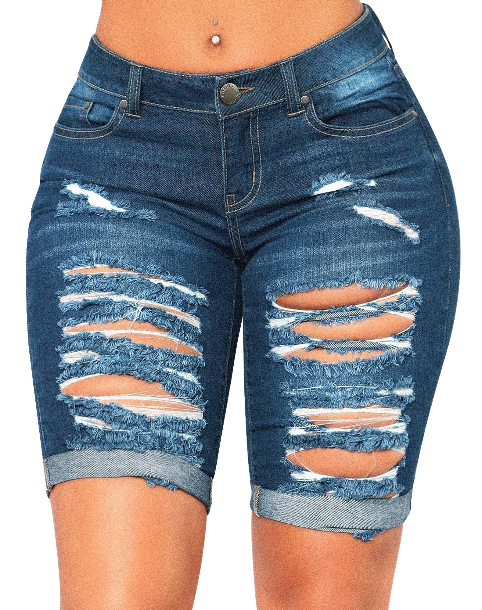 roswear Women's Distressed Knee Length Long Denim Shorts Ripped