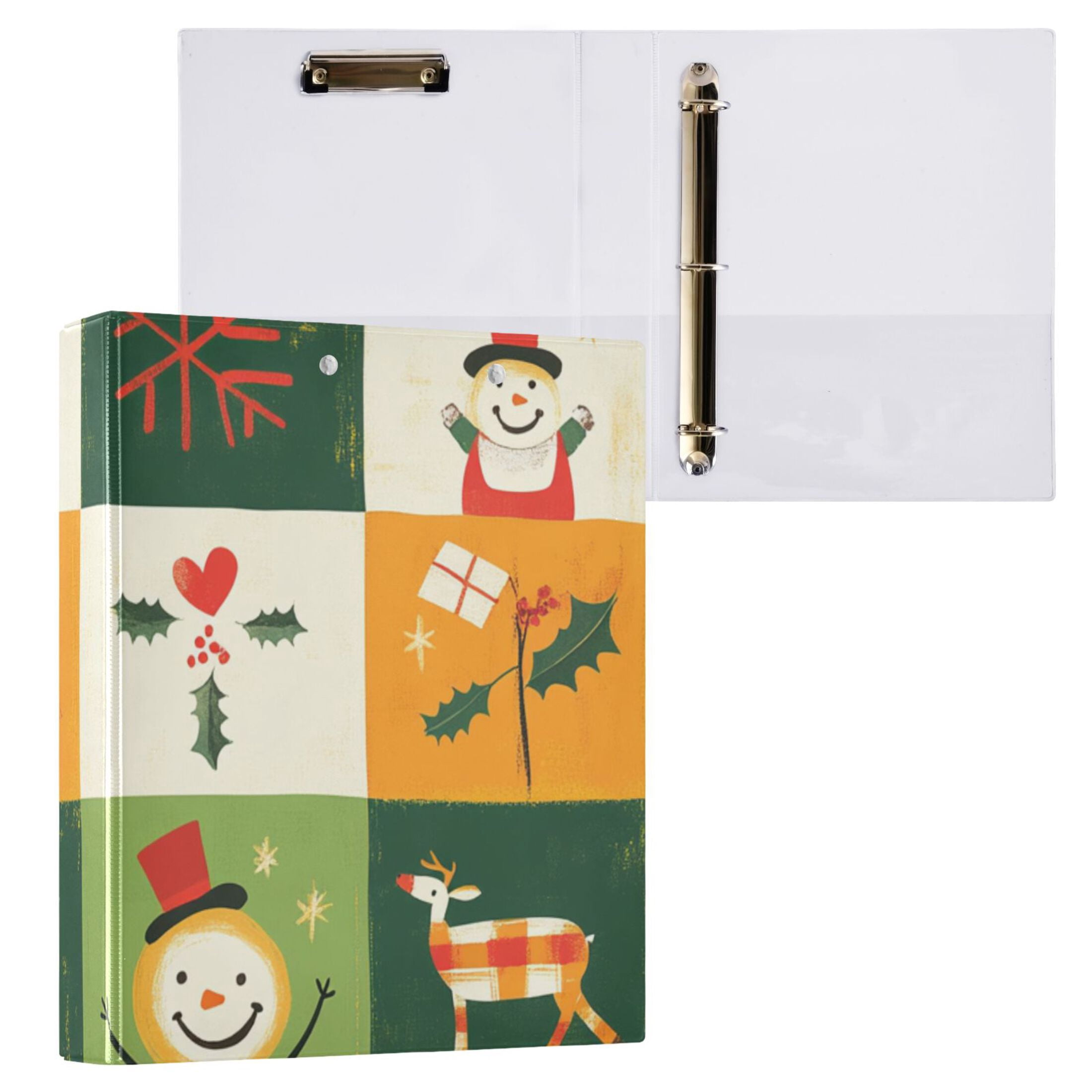 Christmas Squares Snowmen Hearts 3 Ring Binders 1.5 inch Hardcover File Folders with Interior Pockets A4 Size Organizer for School Office Hospital