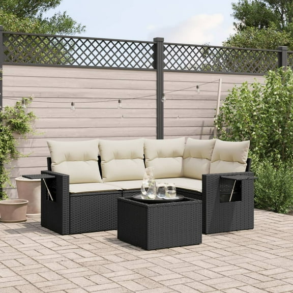 vidaXL 5 Piece Patio Sofa Set with Cushions Black Poly Rattan