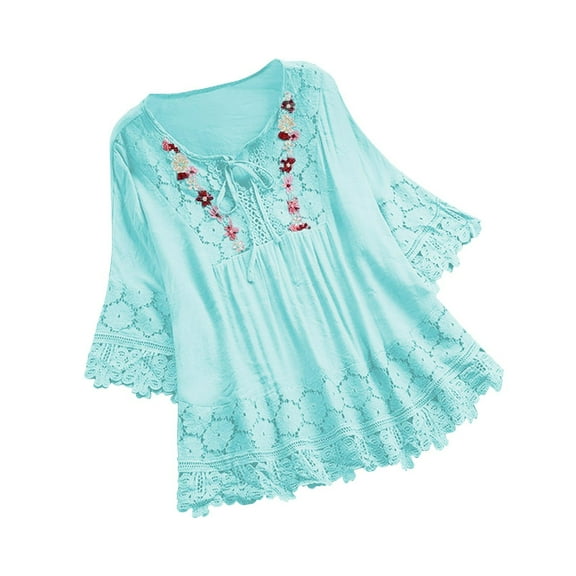 Ecqkame Plus Size Blouse for Women Vintage Lace Patchwork Bow V-Neck Embroidery Summer Solid Tops T-Shirt Light Blue XXXXL