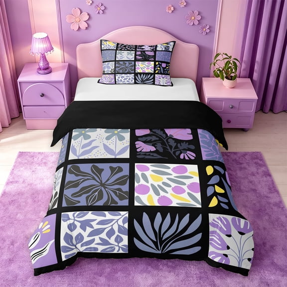 jejeloiu Abstract Floral Twin Duvet Cover For Girls,Patchwork Print Twin Bedding,Purple Black White,Black Reversible,2pcs,1 Duvet Cover and 1 Pillowcase