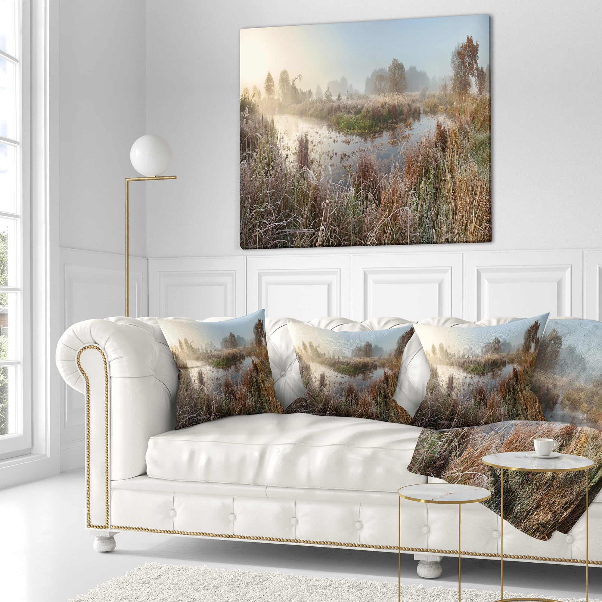Designart Frosty Grass Aside River Panorama - Landscape Printed Throw Pillow - 16x16