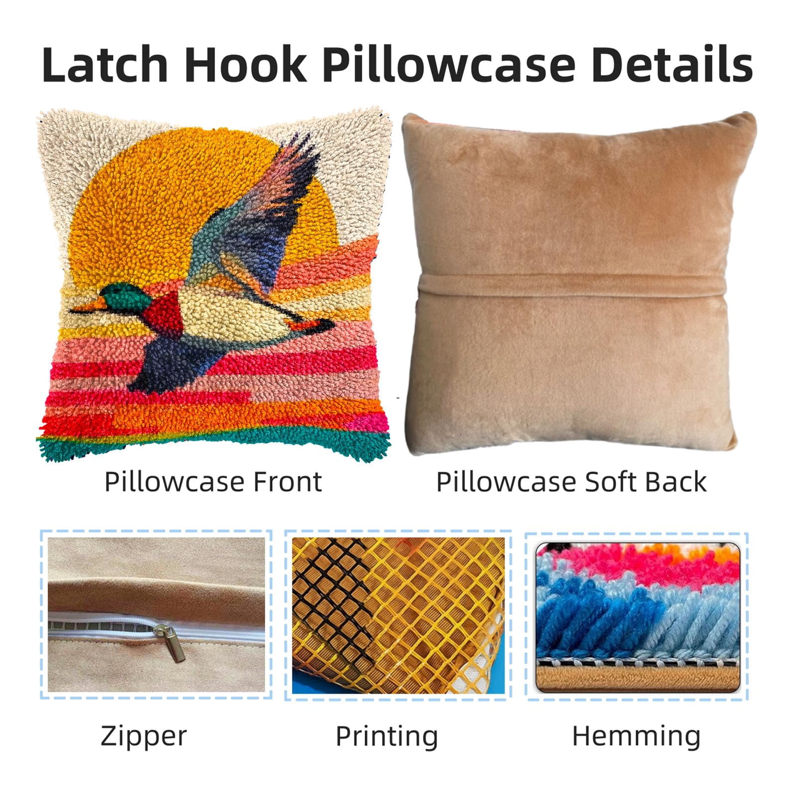 Cartoon Flying Mallard DIY Latch Hook Pillow Kits for Adults Printed Pillowcase Crochet Yarns Hooking Handmade Pillow Cover Cushion for Home Sofa Decoration 17x17inch
