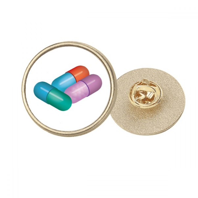 Capsule Pill Health Care Products Pattern Round Metal Golden Pin Brooch Clip