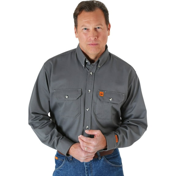Wrangler Men's Riggs Fr Long Sleeve Button Down Work Shirt Grey Tall