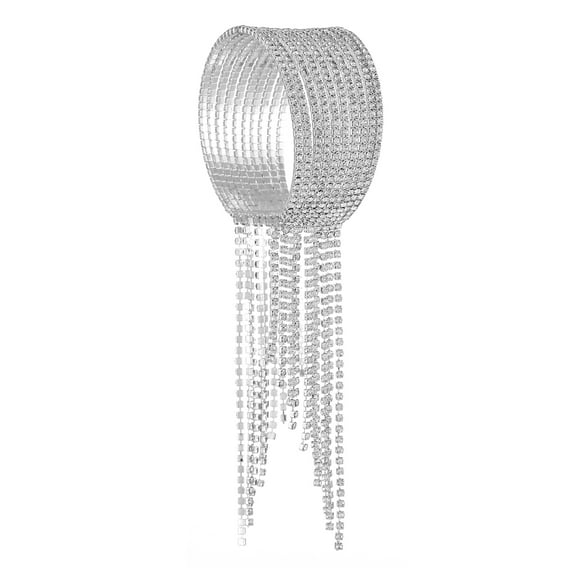 Sparkling Silver/Gold Rhinestone Crystal Tassels Charm Adjustable Wide Cuff Bracelet for Women Wedding Jewelry Formal Party