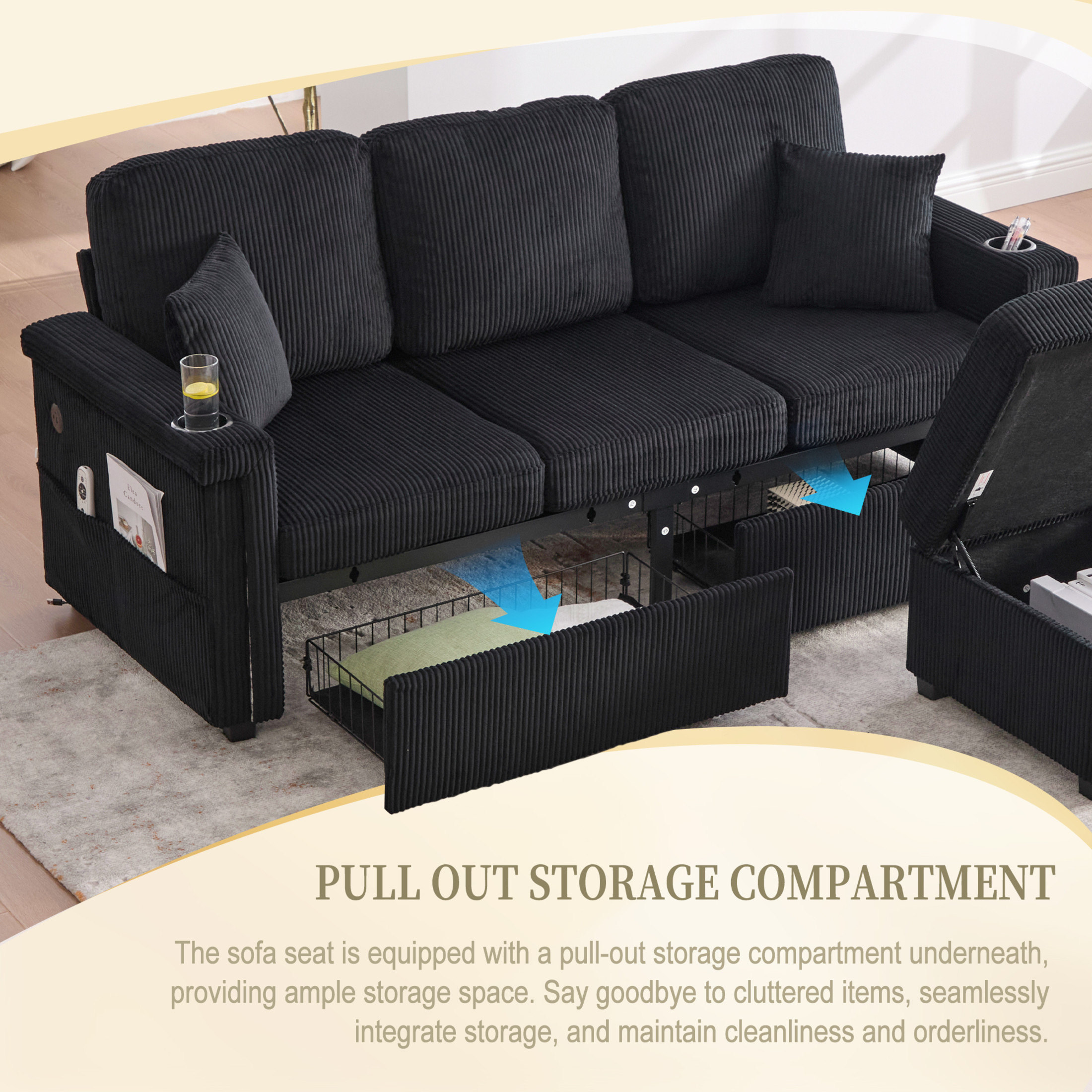 Noble House Elena 4-Seater L-Shaped Corduroy Sectional Sofa with Pull-Out Storage, Ottoman for Living Room, Black