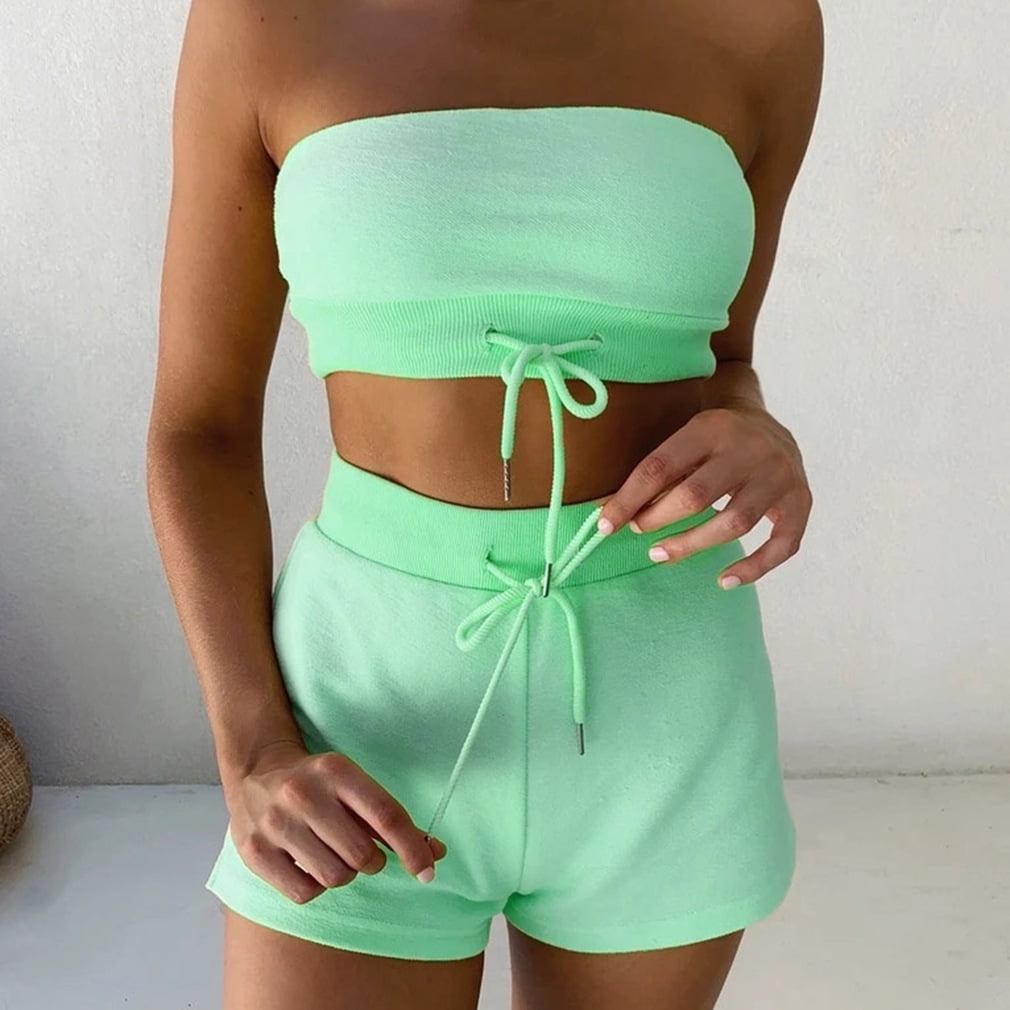 Womens Two Piece Outfits Cotton Puff Sleeve Deep V Neck Crop Tops Solid High Waist Shorts 2019 Summer Casual Beach Party Suits
