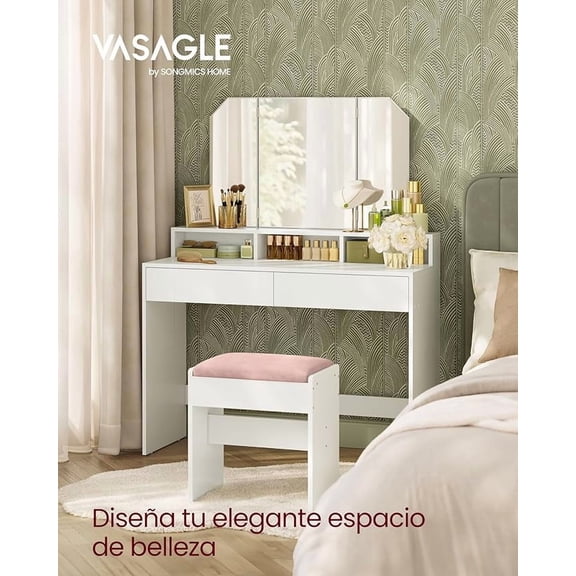VASAGLETocador con Espejo Plegable, Mesa de Maquillaje, Estilo Moderno, con 2 Cajones y 3 Compartimentos, Montaje Sencillo, Blanco