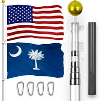 G128 Combo Pack: 20 Ft Telescoping Aluminum Flagpole (Silver) & American and South Carolina Flags 3x5 Ft, Both ToughWeave Series Embroidered Polyester | Pole with Flags Included