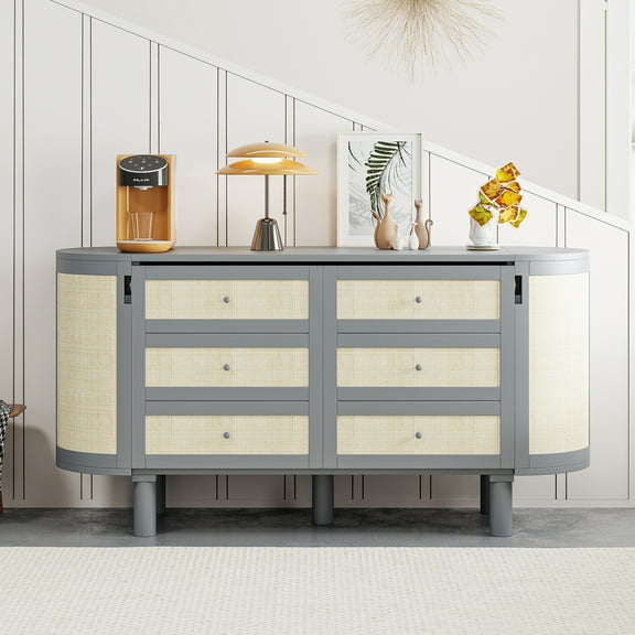 Harper & Bright Designs Rattan Full Murphy Bed Wall Bed with Storage, Wood Full Size Cabinet Bed Folding Wall Bed for Guest Room Office, Gray