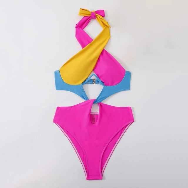 Karight Women's One Piece Swimsuit High Cut Out Bathing Suit Halter Criss Cross Colorblock Backless Swimwear Monokinis
