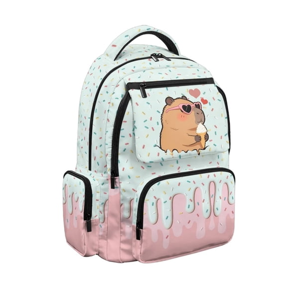 Jeiento 17 Inch Kids School Backpack for Girls Large Capacity Lightweight Daypack Water-Resistant Polyester Multi-Pocket Bookbag, Capybara Ice Cream Back to School Gifts