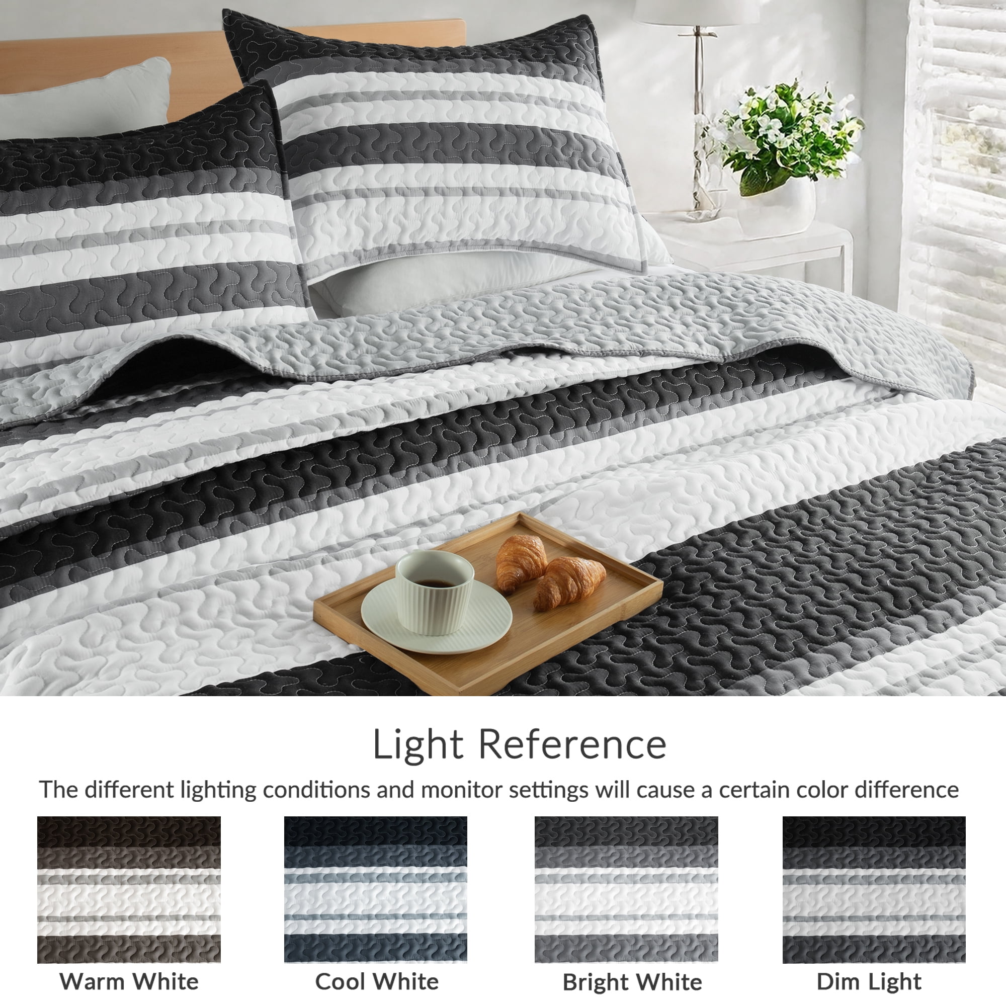 Whale Flotilla Reversible Ultra Soft Printed Quilts King Size, Lightweight Patchwork Geometric Stripes Bedspreads Coverlets Quilt Bedding Set with 2 Pillow Shams for All Seasons, Black and White