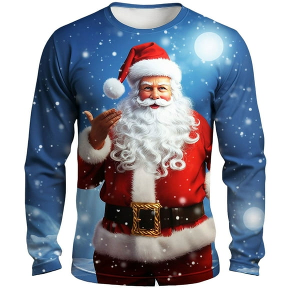 GuangCheng Mens Christmas Tees Round Neck,Printed,Long Sleeve Tops,Pullover,Baggy,Bottom,Tees,Comfy Loose Piece,Sky Blue,Size 5XL