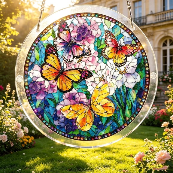 7.4" Butterfly Stained Glass Style Acrylic Suncatcher Puzzle Kit, Window Hanging Decor with Chain