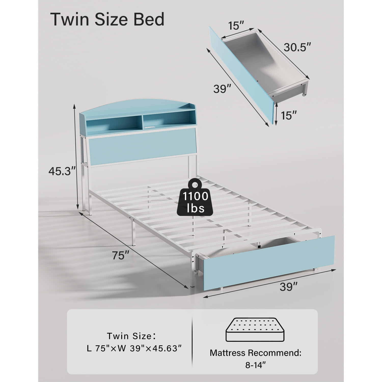 Twin Bed Frame with Storage Headboard & Drawer, 3-in-1 Charging Station, Sturdy Metal Frame, No Box Spring Needed, Noise-Free, Non-Slip Design –(Blue & White)