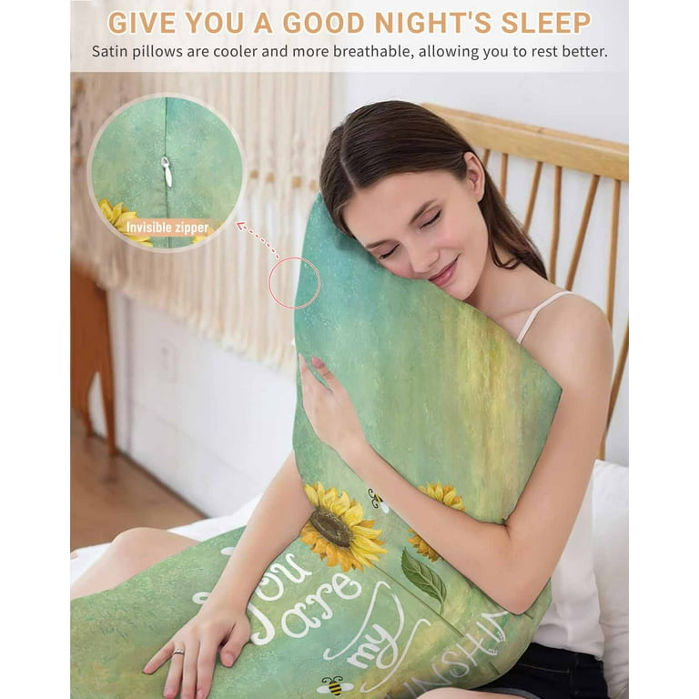 Satin Pillowcase for Hair and Skin YOU ARE MY SUNSHINE Sunflower Bee Rural Style Green Background Silky Pillow Cases King Size with Zipper 1 Pack Soft Cooling Pillow Cover for Women Men