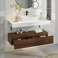 thumbnail image 2 of Dextrus 48 in Bathroom Vanity Floating Wall Mounted Bathroom Cabinet Glossy Cabinet Storage Wooden Vanity with Ceramic Basin Sink and 2 Drawers, Walnut & White, 2 of 6