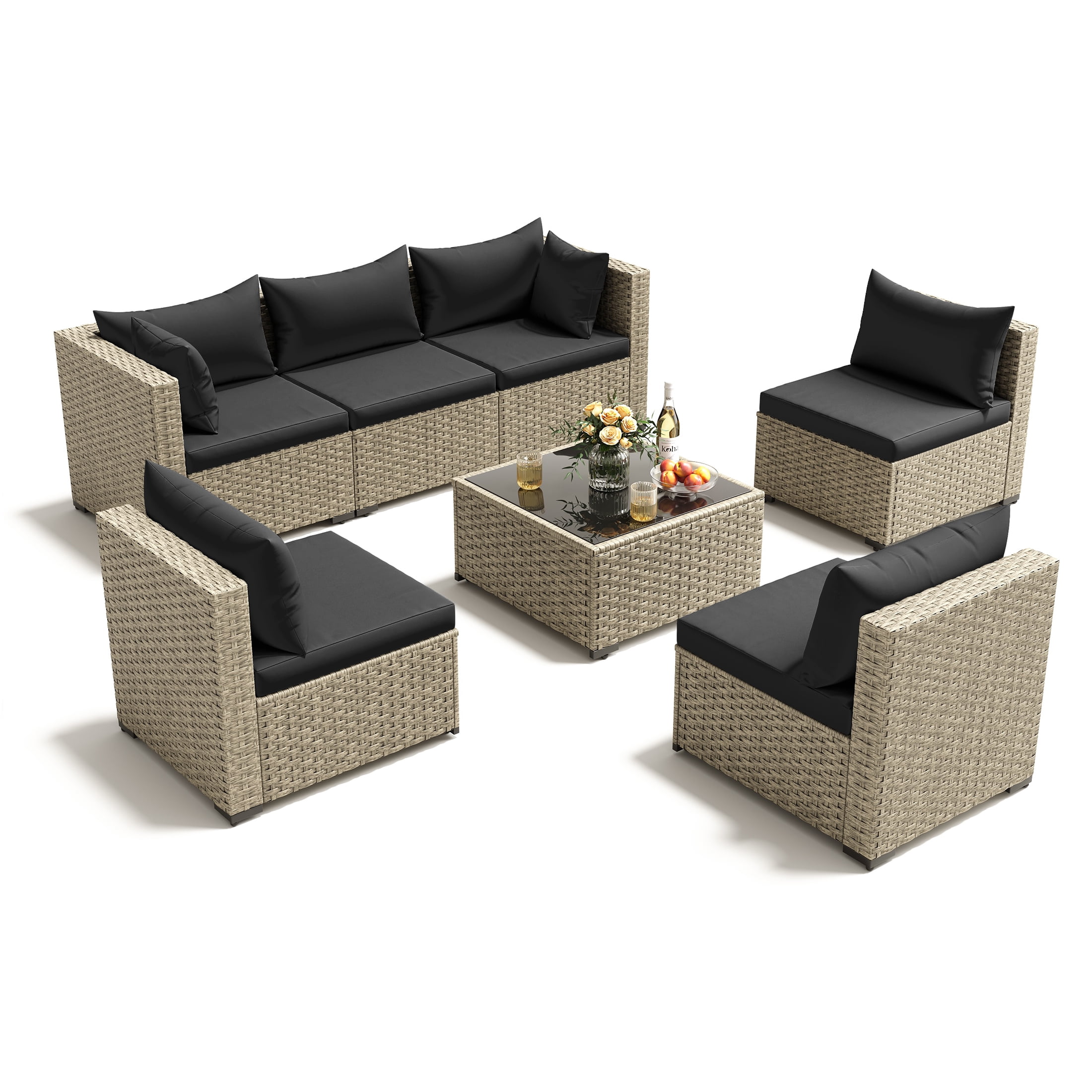 Poteban 7 Piece Outdoor Patio Furniture Set, Grey Rattan Wicker Outdoor Conversation Sectional Sofa Set with Cushions for Backyard, Black