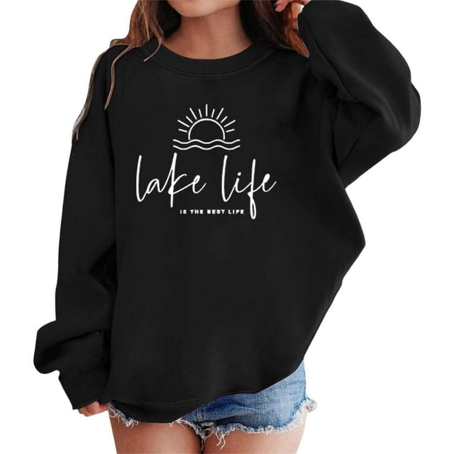 PMVFHDE Mode Fille Sweat à Capuche & Chandails en Molleton Mode Décontractée Col Rond Sans Tête Manches Longues Imprimé Haut Noir, 6-7 Ans