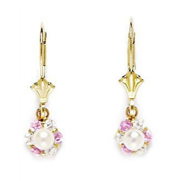 14k Yellow Gold Pink Cubic Zirconia Small Flower Drop Leverback Freshwater Cultured Pearl Earrings