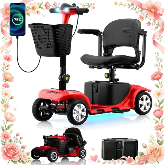 SKRT Mobility Scooter for Adults, Senior, skmc 4 Wheels Electric Powered Chargeable Device for Travel, Lightweight and Portable, with LED Headlights and Basket, Charger Included, Best Present for Mom