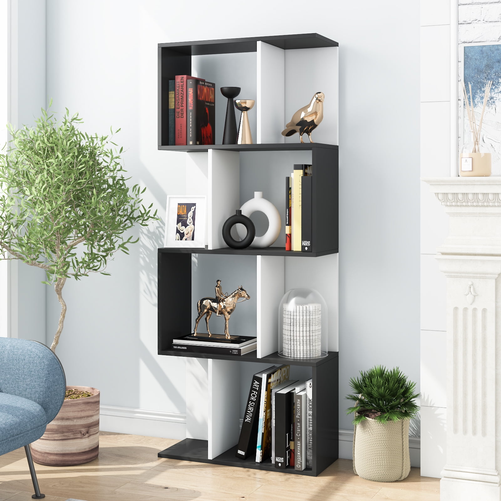 Home Livingroom Furniture Wooden S Shape Storage Unit Bookshelf-Black Bookcase 