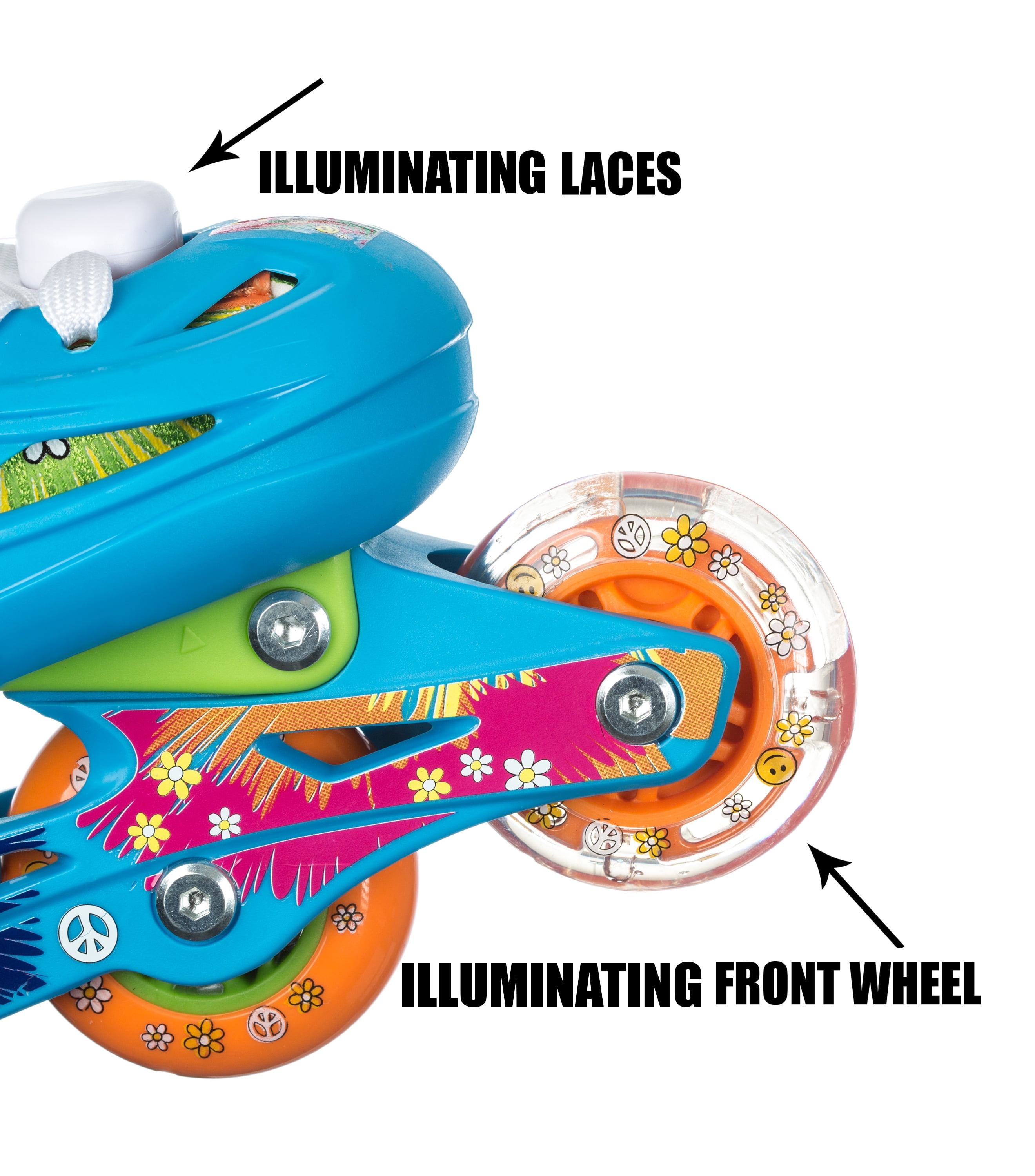 TITAN Flower Power Princess Girls Inline Skates with Light-Up LED Laces and Wheel, Youth Size Large