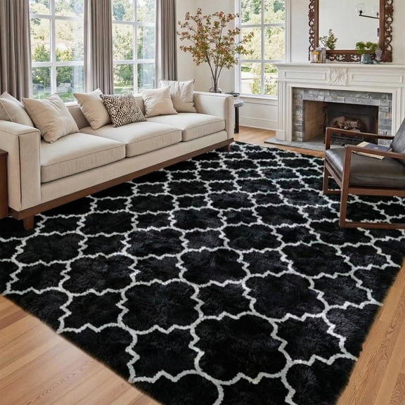 Pentantan Shag Area Rug, 5ft x 8ft Geometric Soft Fluffy Rugs for Living Room Bedroom Indoor Carpet, Black & White