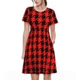 thumbnail image 1 of Easygdp Retro red and Black Houndstooth para Vestido Transpirable de Mujer, Vestido Suelto de Manga Corta con Pliegues y Bolsillos para el Verano, 1 of 6
