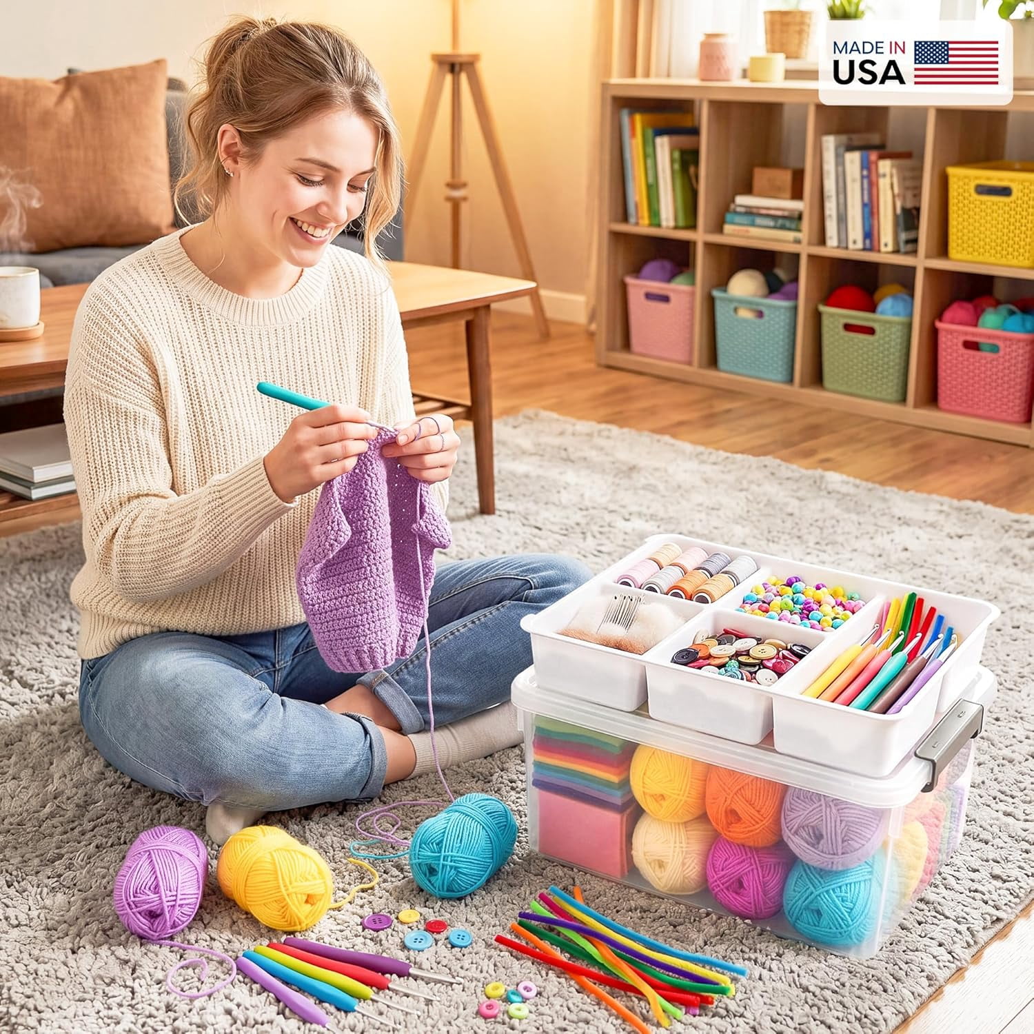 17 QT Plastic Storage Box with Removable Tray Craft Organizers and Storage Clear Storage Container for Organizing Bead, Tool, Sewing, Playdoh,Coloring Books