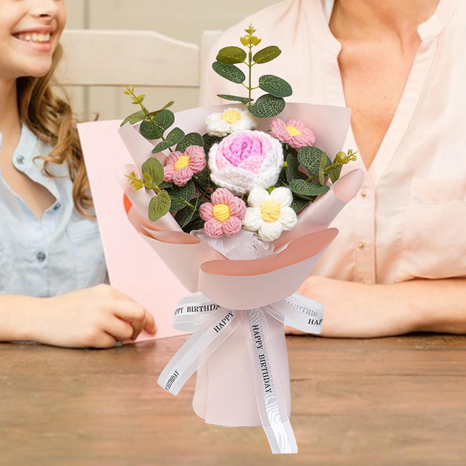 Tongina Crochet Flower Bouquet Knitted Flower Finished Handmade Decorative Artificial Flowers Mother's Day Gift for Teacher' Day Her Pink