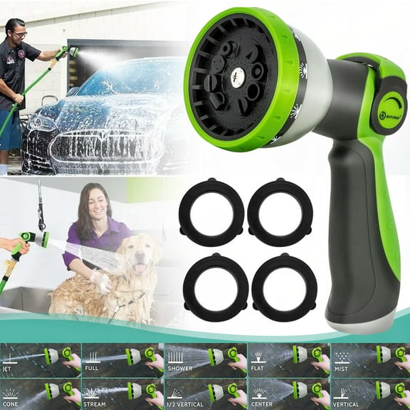 Genreen Garden Hose Nozzle Sprayer- 10 Spray Patterns ,  Thumb Control On Off Valve, Durable Water Nozzle, Extra 4 Washers, for Watering Garden, Cleaning, Washing Car, Showering Pets Lawngreen
