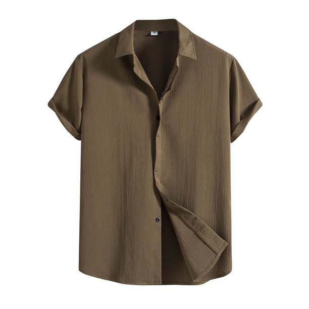 Men's Spring Summer Casual Solid Color Short Sleeve Shirt Loose Turn-down Collar Shirt XL