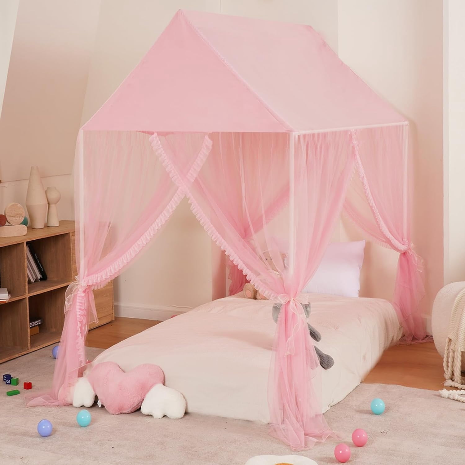 Princess Bed Canopy for Girls - Pink Bed Canopy Princess Castle Dreamy Playhouse Mosquito Net Reading Nook Canopies Play Tent Canopy Bed Curtains for Kids Room(Twin,Full)
