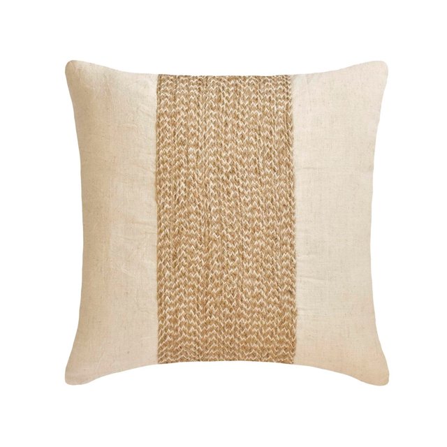 Funda de almohada color crudo, funda de almohada de cordón de yute, 35 x 35 cm (14 x 14 pulgadas), fundas de almohada cuadradas de lino y algodón, fundas de almohada contemporáneas, a rayas - Linen