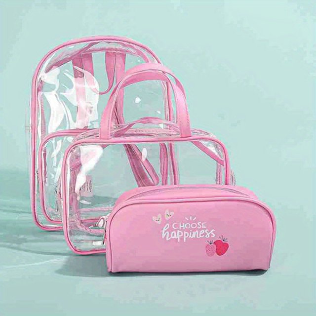 3PCS Transparente PVC Mochila Set, Impermeable Jelly Rosa Daypack, Preppy Back To School & Travel Bag, Estuche Para Lápices, Bolsa De Mano