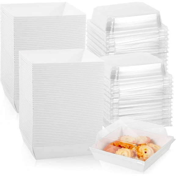 100 Pack Charcuterie Boxes with Clear Lids,Disposable To Go Paper Food Containers,Square Disposable Charcuterie Boxes for Sandwich Cake Slice Cookies Strawberries,White