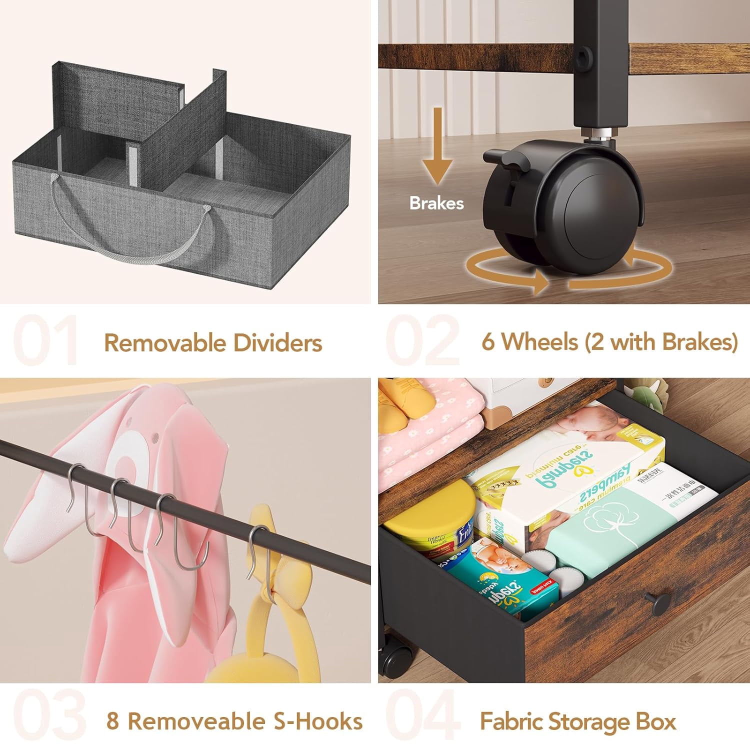 3in1 Diaper Caddy Organizer - Diaper Caddy & Rolling Diaper Cart with Kids Clothing Rack for Nursery and Baby Essentials, Multi-Function Utility Cart for Bedroom and Bathroom, Black&Brown