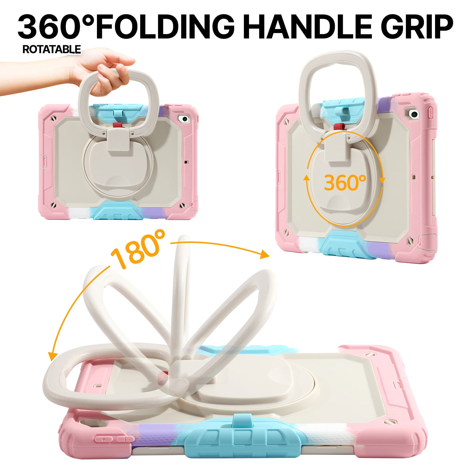DOMAVER Case for iPad 9th/8th/7th Generation (iPad 10.2 inch, 2021/2020/2019), Heavy Duty Rugged Cover for Kids with Screen Protector, Pencil Holder, Rotating Stand/Handle, Rainbow Pink