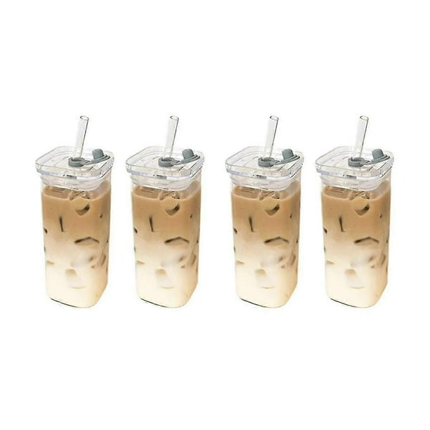 Square Heat Resistant Coffee Glass Cup with Lid and Straw Transparent Milk Tea Juice Cups Coffee Mu