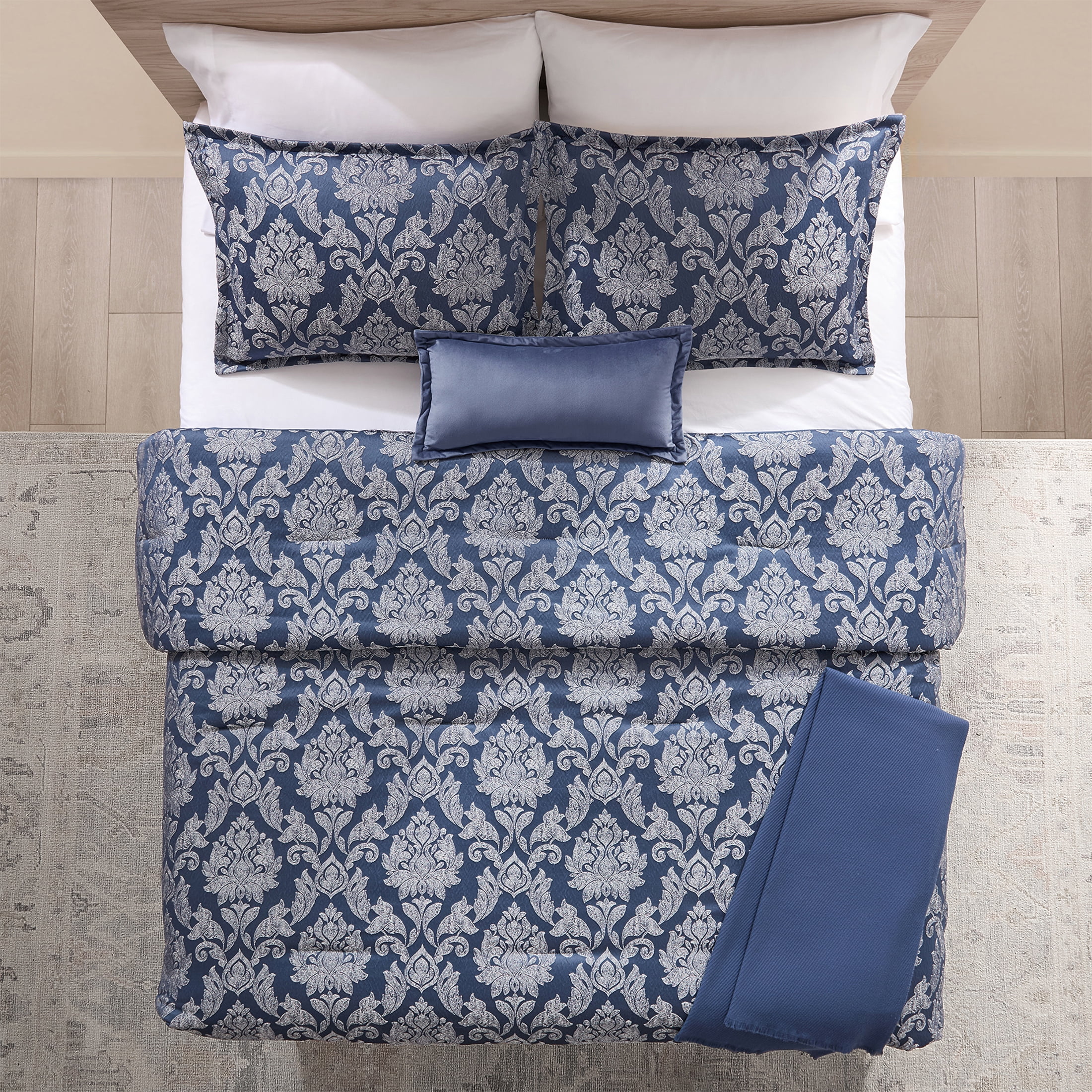 Mainstays Damask 5-Piece Jacquard Comforter Set, Blue, King