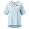 thumbnail image 5 of Dagegui Women's Cotton Linen T-Shirts Casual Boho Short Sleeve Tops Summer Notch V Neck T Shirts Trendy Embroidered Blouses Today Sales ZB Blue XL, 5 of 5