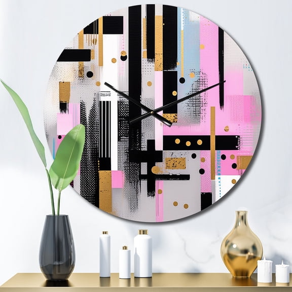 Designart "Bold Stripes Pink Gold Elegance" Cubism Oversized Wall Clock