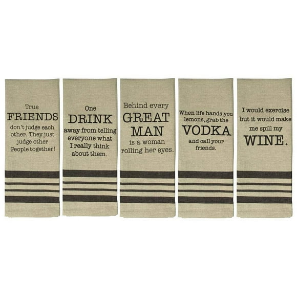 fillURbasket Funny Kitchen Towels with Sayings Fun Dish Towels Set with Wine Alcohol Drinking Theme Man Cave Gift 5 Flour Sack Towels for Bar Kitchen Decor Dish Drying 16x28 Cotton