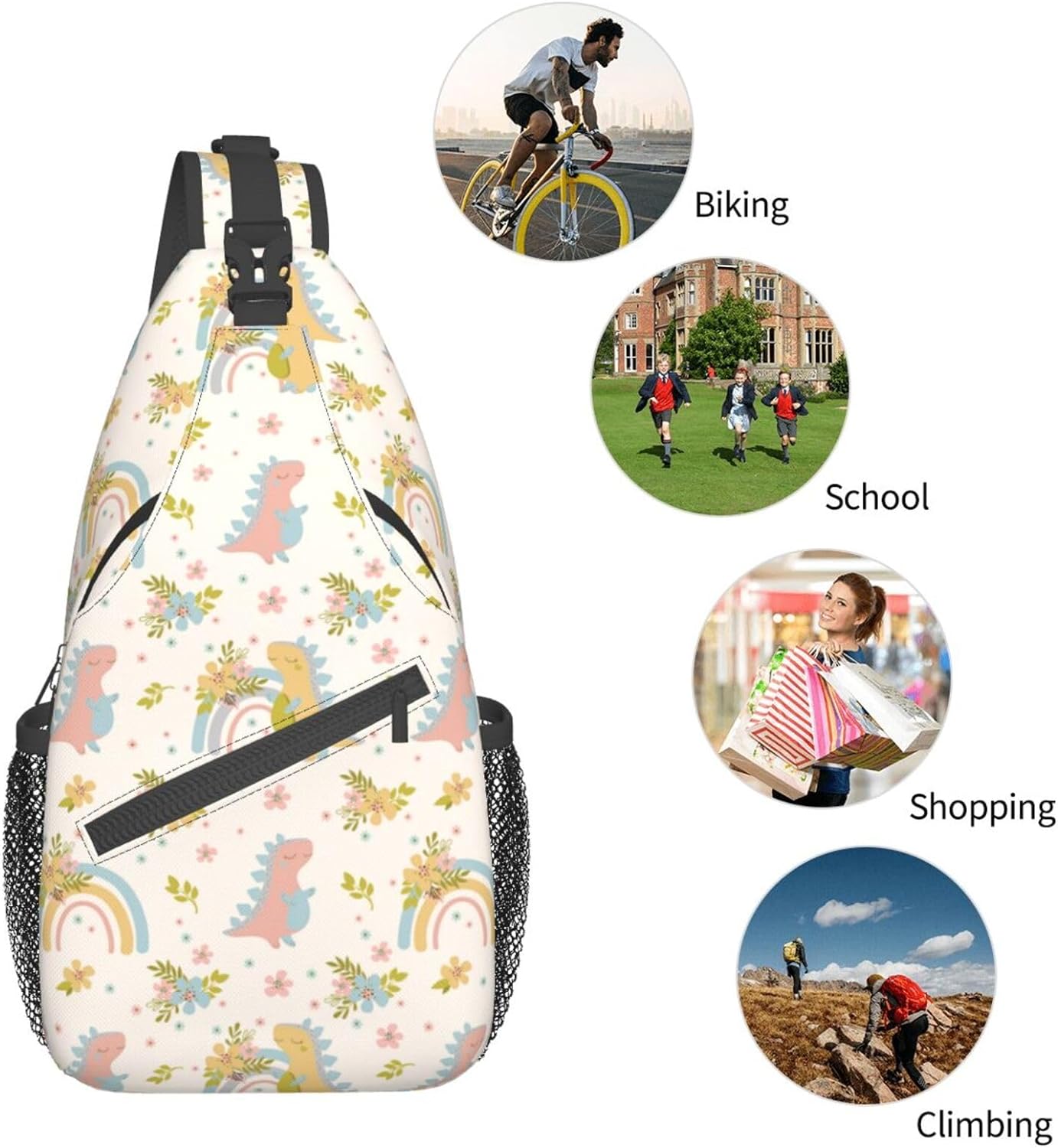 Dino Dreams Boho Rainbows Flower Sling Bag Crossbody Hiking Travel Chest Bags Backpack Shoulder Daypack for Women Men